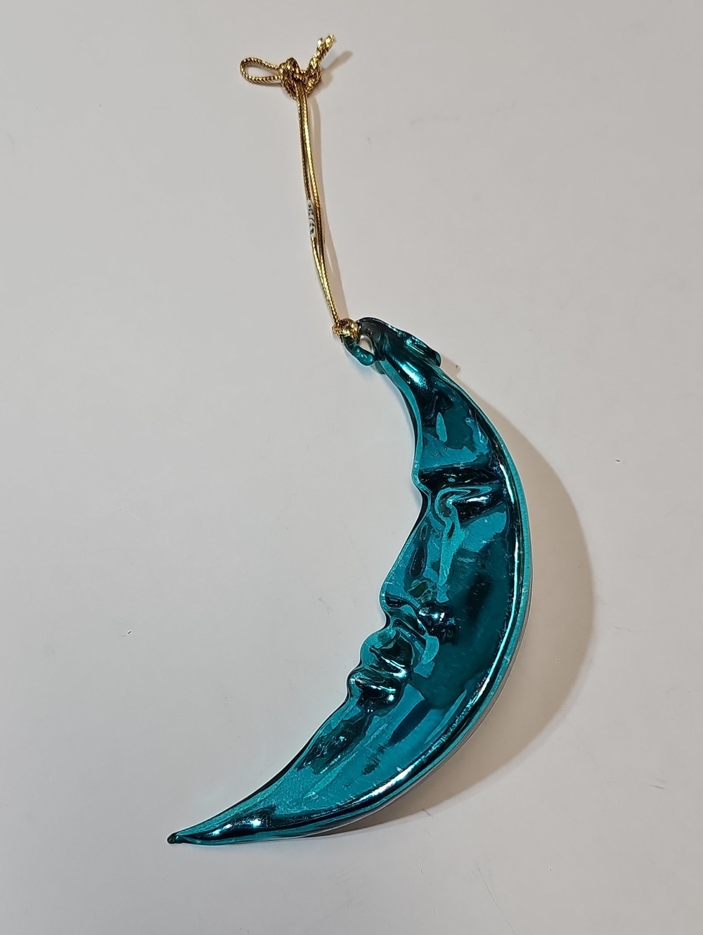 Vintage Department 56 Teal Crescent Moon Shiny Mercury Glass Hanging Ornament